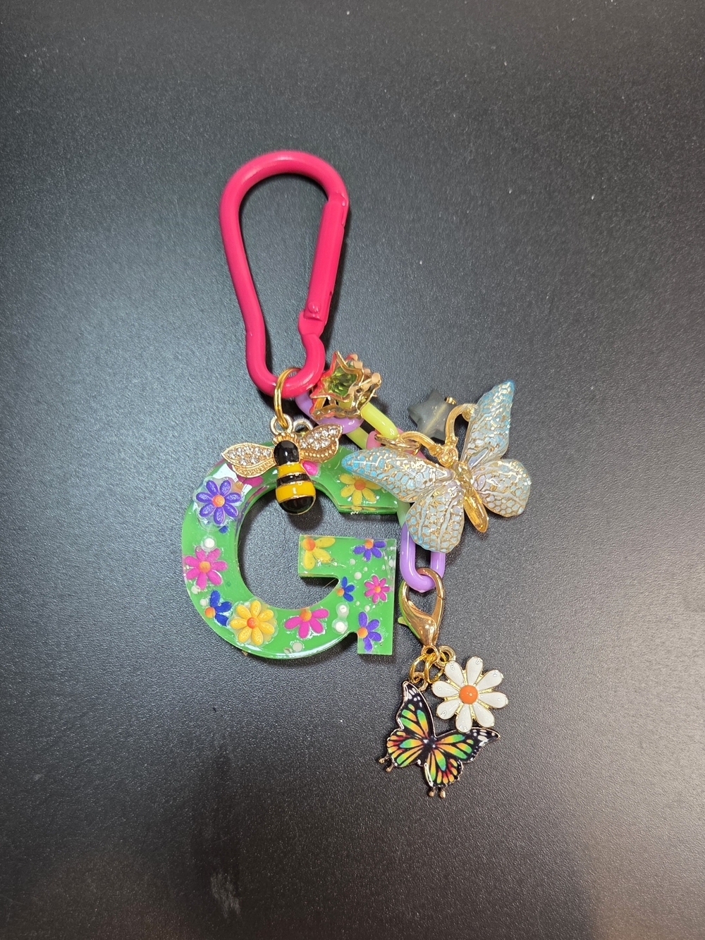 Green Floral 'G' Keychain or  Bag Charm with Butterfly & Daisy Charms